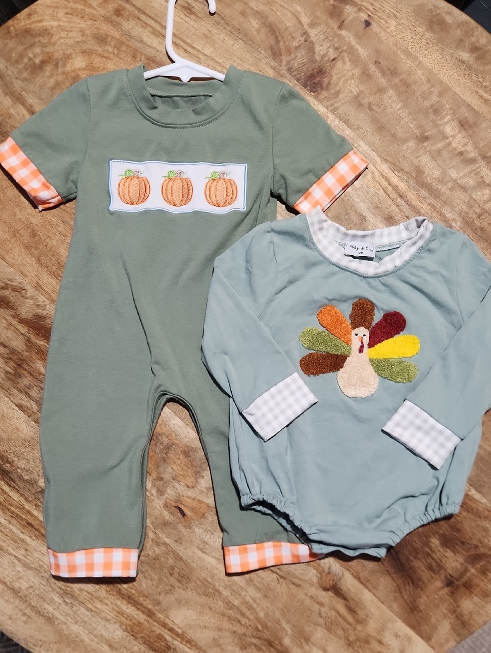Honeybean Green Pumpkin Smocked Romper & Abbie&Evie Turkey Bubble